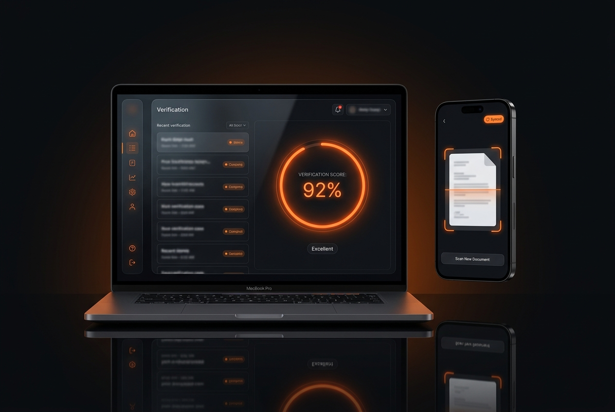 Qiniso dashboard on desktop and the mobile app, dark theme