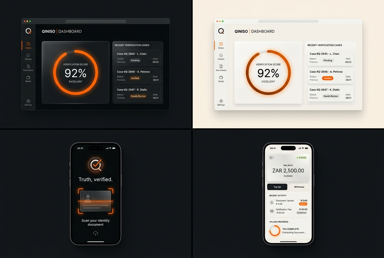 Qiniso interface concepts: dark and light dashboards, mobile onboarding and wallet